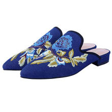 custom brand size pointed toe velvet embroidery flower upper 2cm heel flat mules shoes women
